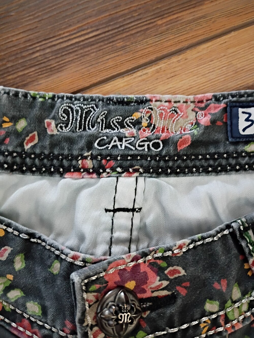 Miss Me Green Skinny Jeans with Pink Floral Print - Picture 2 of 7